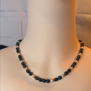 Beautiful Green & White Freshwater Pearl Necklace 925 Sterling Silver 18”